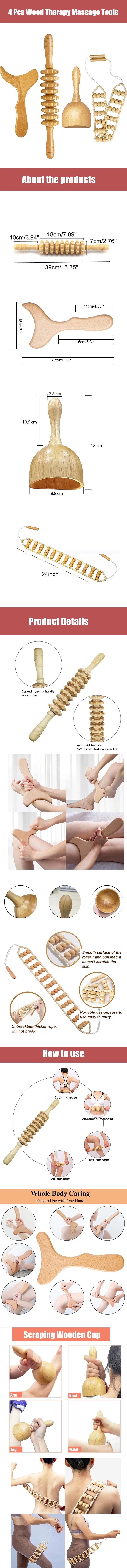 4 PCS Wood Therapy Massage Tools for Body Shaping Lymphatic Drainage Anti-Cellulite Massager for Full Body Muscle Pain Relief